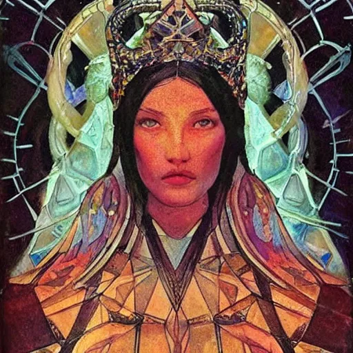 Image similar to the crystal crown, by Annie Swynnerton and Nicholas Roerich and Diego Rivera, tattooed bioluminescent skin, elaborate costume, geometric ornament, symbolist, Luis Royo, rich color, dramatic cinematic lighting, smooth, sharp focus, extremely detailed