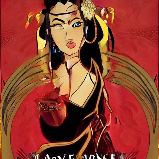 Image similar to red, gold, and black art nouveau movie poster of Princess Azula