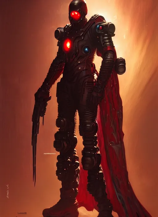 Image similar to spawn hero cyberpunk sci fi armor crimson energy, diffuse lighting, fantasy, intricate, highly detailed, lifelike, photorealistic, digital painting, artstation, concept art, smooth, sharp focus, art by john collier and albert aublet and krenz cushart and artem demura and alphonse mucha