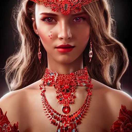 Image similar to wonderful princess with smooth fair skin, alluring eyes, red jewelry, breathtaking, elegant, intricate, hyper detailed, accent lighting, 4 k glamour photography, octane render