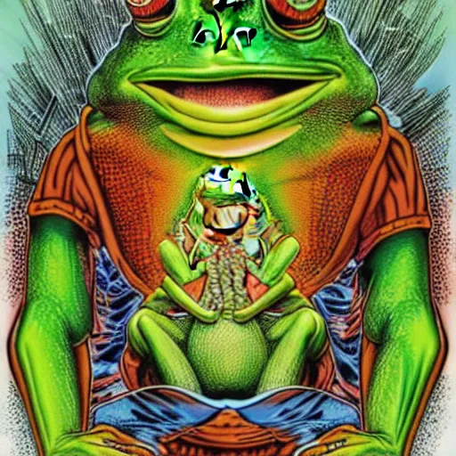 Image similar to Alex Jones turning thousands of frogs gay. Super resolution. Award winning illustration art in the style of Alex Grey