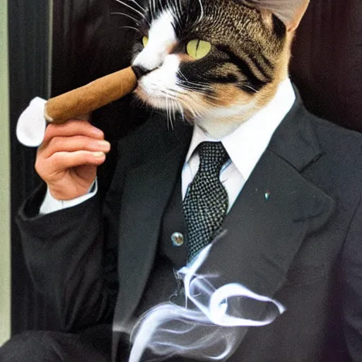 Image similar to cat wearing a suit smoking a cigar
