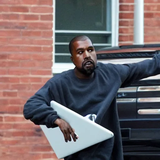 Prompt: kanye west throwing his laptop out of the window in anger