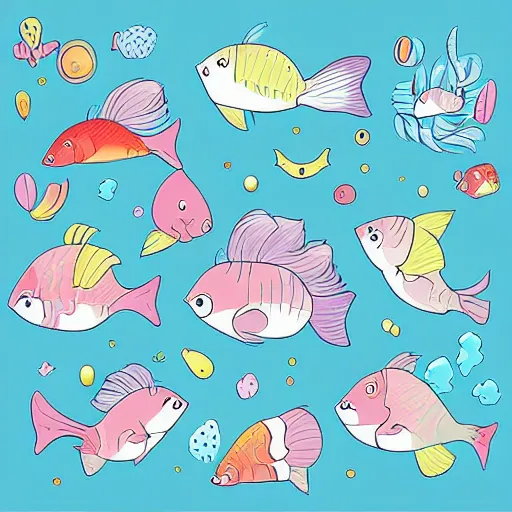 Prompt: pantone cute kawaii anime cartoon illustration fish tank, Pastel colors