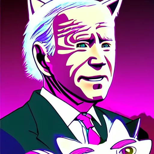 Prompt: digital card art of anime (cat) Joe Biden with cat ears surrounded by magic circles. Pink hue. Highly detailed. Beautiful
