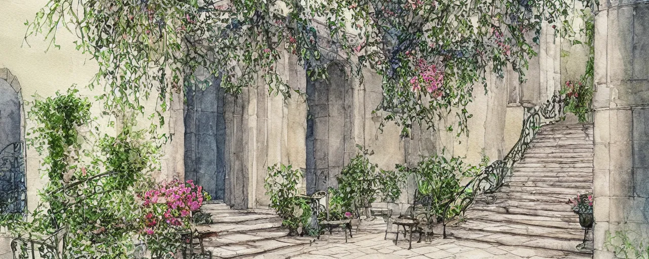 Image similar to courtyard walkway, castle, stairway, chairs, wrought iron, gate, tree, delicate, botanic garden, garden road, botanical herbarium paper, watercolor colored painting, iridescent colors, 8 k, realistic shaded, fine details, artstation, italian style, colonnade, huge flower