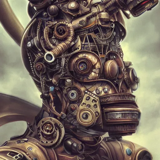 Image similar to portrait painting of a steampunk cyborg superhero, transhumanism, ultra realistic, concept art, studio ghibli, intricate details, eerie highly detailed