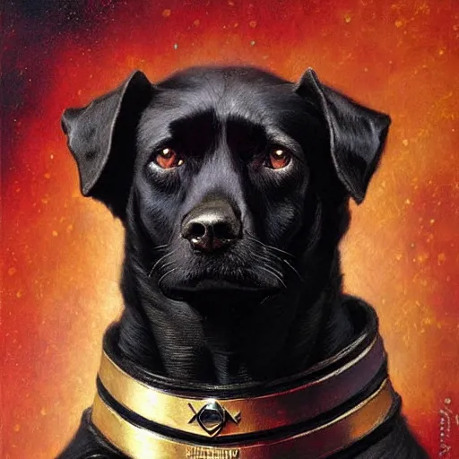 Image similar to a portrait of a black dog dogman canine star trek officer. highly detailed painting by gaston bussiere, craig mullins, j. c. leyendecker, furry