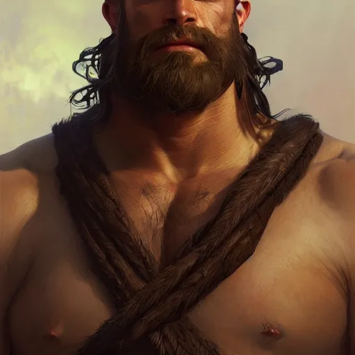 Image similar to portrait of a rugged warrior, muscular, upper body, hairy torso, D&D, fantasy, intricate, elegant, highly detailed, digital painting, artstation, concept art, matte, sharp focus, illustration, art by Artgerm and Greg Rutkowski and Alphonse Mucha