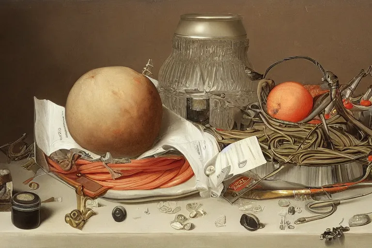 Prompt: a vanitas painting by clara peeters and pieter claesz, depicting an NVIDIA RTX GPU , graphics card, cables, wires