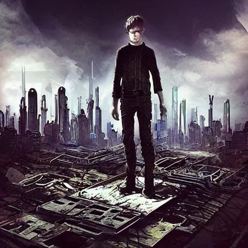 Image similar to “an android boy in a post apocalyptic, over grown super metropolis searching for people.”