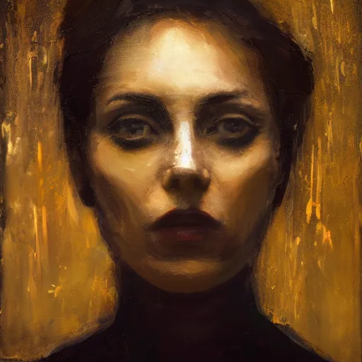 Prompt: a person looking at camera made of porcellaine, golden tears, moody lighting, dark background, high contrast, textured paint strokes on the face, thick painterly feel, mid close up
