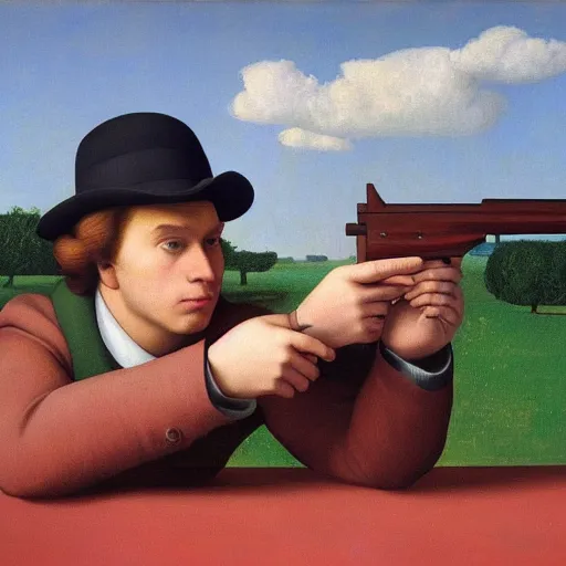 Image similar to a confused young-man weilds a gun by Raphael, Hopper, and Rene Magritte. detailed, romantic, enchanting, trending on artstation.