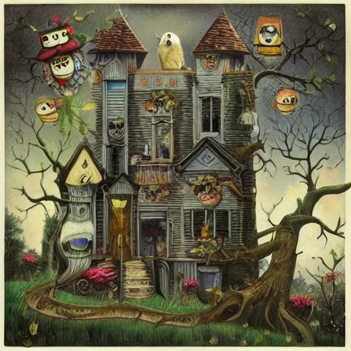 Image similar to a house with a tower, owl, birds, cheese, lowbrow in the style of mark ryden and daniel merriam,