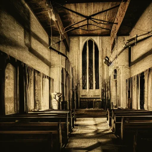 Prompt: picture of a complex disgusting creature, as in movies by david cronenberg, southern gothic, inside of an old wooden church in louisiana, dark and intricate photograph