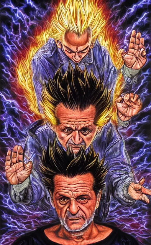 Image similar to joe pesci going super sayan by alex grey, surrealist, 8 k, fantasy, dark, highly detailed