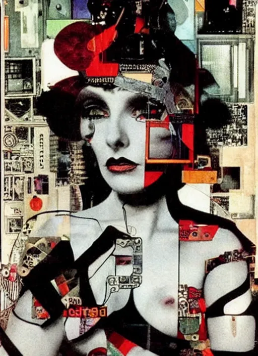 Prompt: cute punk goth fashion fractal alien martian young Debbie Harry wearing kimono made of circuits and leds, surreal Dada collage by Man Ray Kurt Schwitters Hannah Höch Alphonse Mucha, red and black