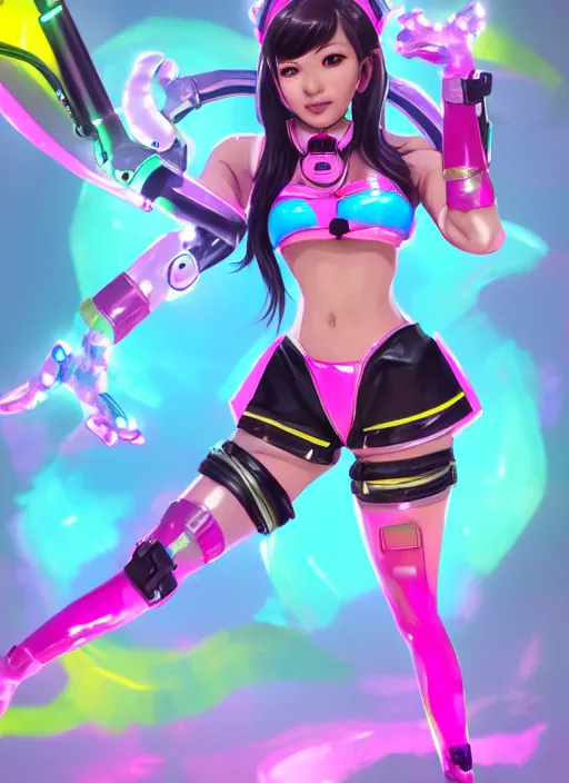 Prompt: full body digital artwork of dva overwatch, wearing iridescent rainbow latex bikini, 4 k, expressive happy smug expression, makeup, in style of mark arian, wearing detailed pink leather collar, wearing chains, detailed face and eyes,