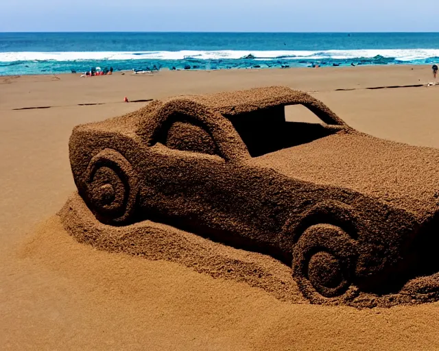 Image similar to sand sculpture of an old mustang car on a black sand beach