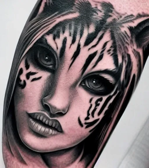 Image similar to tattoo design on white background of a beautiful girl warrior under a tiger head, hyper realistic, realism tattoo, by eliot kohek, beautiful eyes, realistic face, black and white