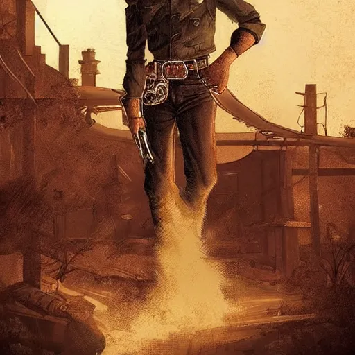 Prompt: Nicholas, the cowboy in the weird west, riding in the town of Doom, dark fantasy, digital art, high detailed, pinterest