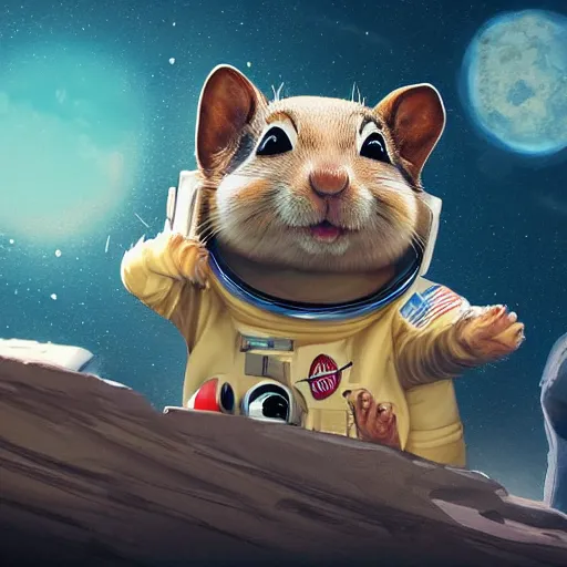 Image similar to an adorable chipmunk in an astronaut suit on the moon, warm lighting with cool shadows, digital painting, detailed, trending on artstation, in the style of dominik mayer thomas dubois, gaston bussiere, 8 k, octane render