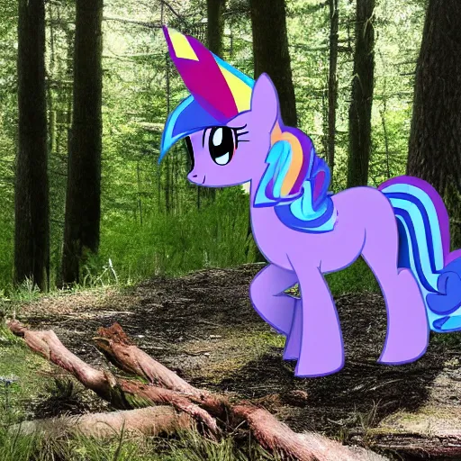 Image similar to photo of real my little pony in the woods feral cryptid