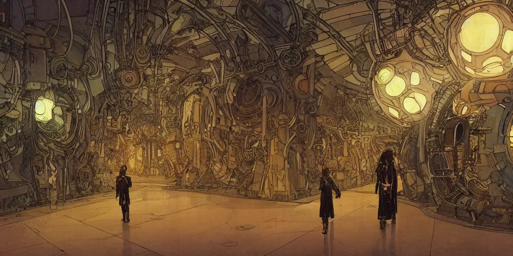 Prompt: steampunk starship hallway, kid and mad scientist walking, giant video screens, sci - fi, big interior plants, retrofuturism, concept art by mucha and moebius and victo ngai, architecture by francois schuiten, clean line, diesel punk, artstation