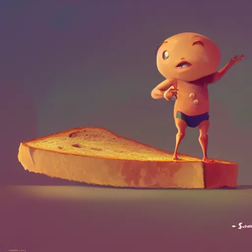 Image similar to a large slice of toasted bread with a face, arms and legs, cute pixar character, volumetric lighting, dynamic composition, fantasy, hyper detailed, ultra realistic, sharp focus, octane render, concept art by sachin teng and sergey kolesov and ruan jia and heng z