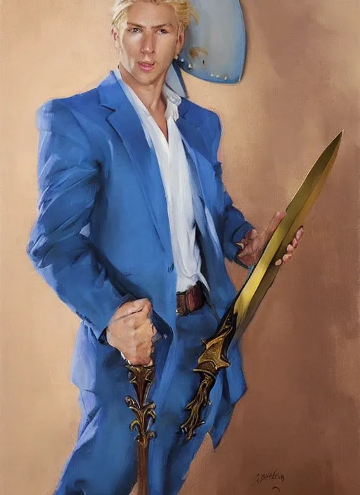 Image similar to greg manchess portrait painting of a blond man in a blue suit with a big sword, asymmetrical, profile picture, organic painting, sunny day, matte painting, bold shapes, hard edges, street art, trending on artstation, by huang guangjian, gil elvgren, ruan jia, randy vargas, greg rutkowski