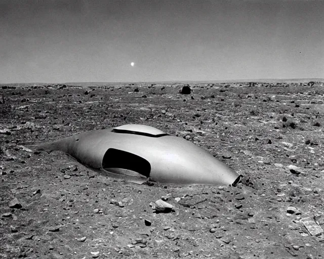 Image similar to a futuristic alien spacecraft, crashed in roswell, 1947, early black and white photo, yellowed with age, cdx