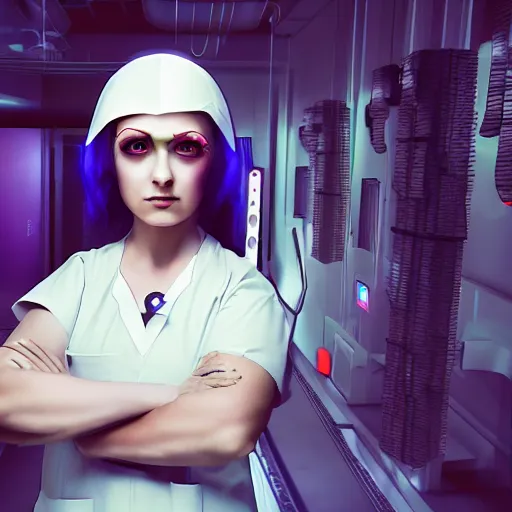 Prompt: photo of a cyberpunk nurse warrior