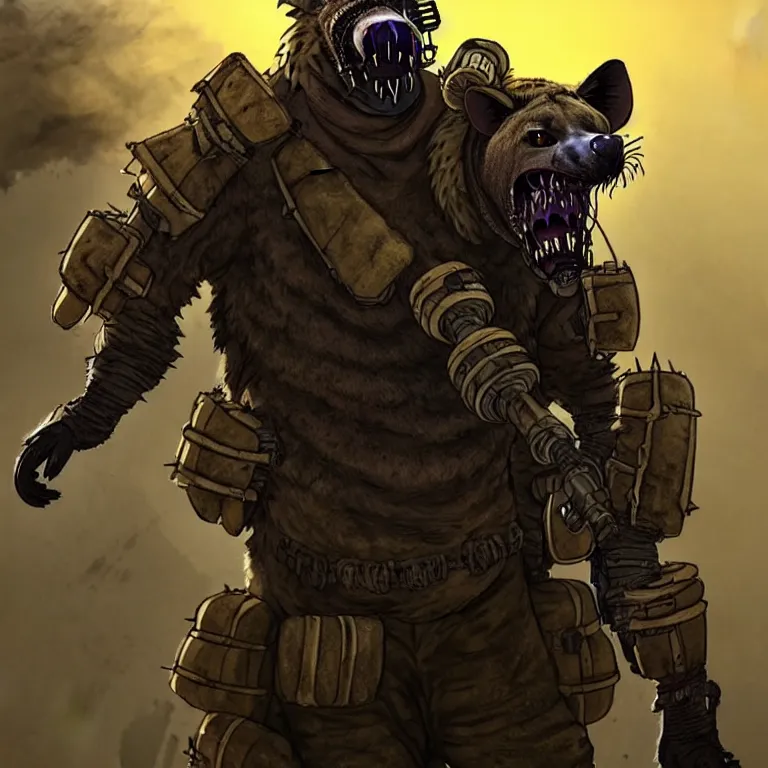 Image similar to a good ol'hyena fursona ( from the furry fandom ), heavily armed and armored facing down armageddon in a dark and gritty version from the makers of mad max : fury road. witness me.