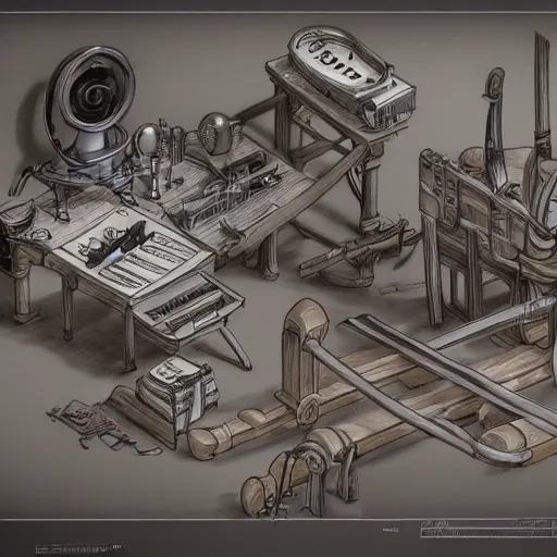 Prompt: musical rube goldberg machine, 2 d technical drawing by john howe, pixiv, deviantart, artstation, danbooru, illustration, realistic, 4 k, unreal 5 render