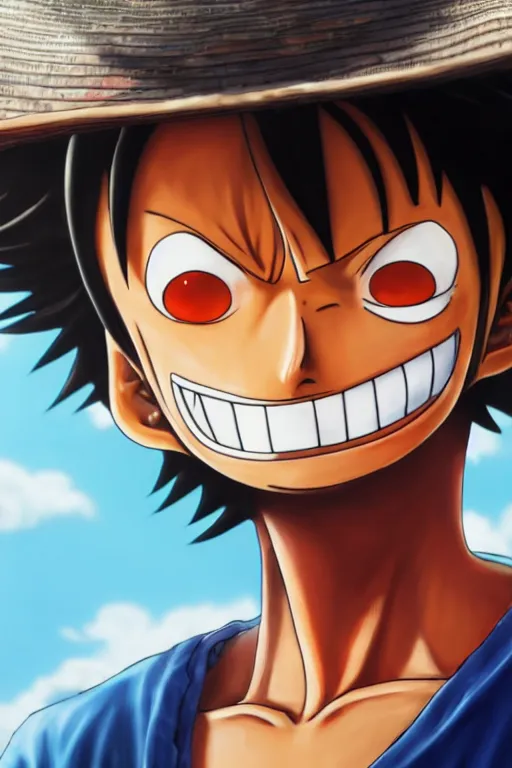 Image similar to a photorealistic portait of Luffy from One Piece, hyperrealistic, highly detailed, high quality, 8k, natural lighting, portait image, path tracing, anatomically correct, defined face