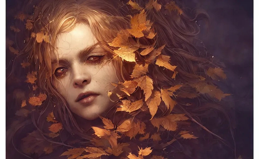 Image similar to golden leaves at frame border, creative!!! composition for a book cover!!!, absurdly beautiful, ultrafine hyperrealistic detailed old witch face by wlop and artgerm and greg rutkowski, intricate linework, sharp focus, smooth, octopath traveler, final fantasy, unreal engine, dramatic lighting, ethereal, 8 k