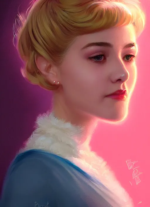 Image similar to portrait of betty cooper with fluffy bangs, bangs, 1 9 6 0 s, ponytail, curly bangs and ponytail, rounder face, intricate, elegant, glowing lights, highly detailed, digital painting, artstation, concept art, smooth, sharp focus, illustration, art by wlop, mars ravelo and greg rutkowski