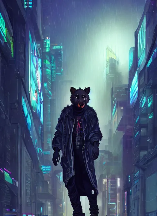 Image similar to beautiful portrait commission of a male furry anthro hyena fursona wearing cyberpunk jedi robes in a cyberpunk city at night in the rain. character design by charlie bowater, ross tran, artgerm, and makoto shinkai, detailed, inked, western comic book art