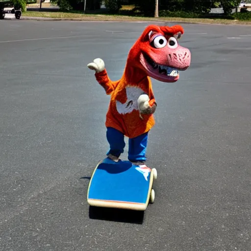 Image similar to photo of barney the dinosaur skateboarding