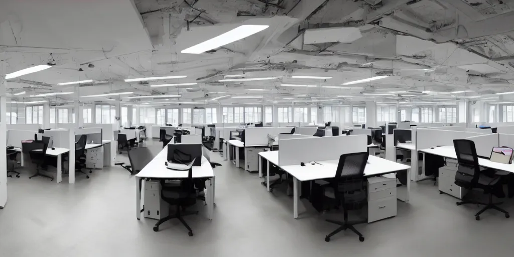 Image similar to wide lense view of open plan office, alienation in the modern age