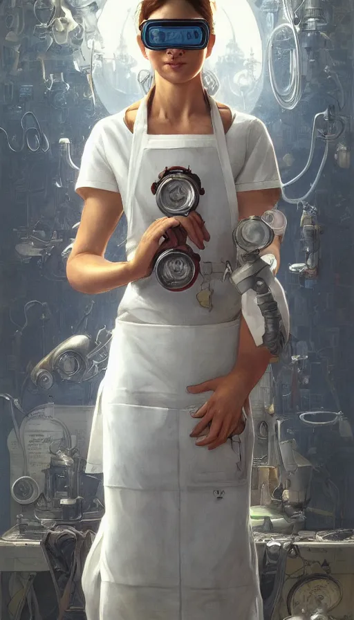 Prompt: crazy inventor, sweaty, white dity apron, goggles, insane, intricate, highly detailed, digital painting, artstation, concept art, smooth, sharp focus, illustration, Unreal Engine 5, 8K, art by artgerm and greg rutkowski and alphonse mucha