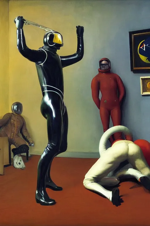 Image similar to fetish game, a man in a latex horse suit sits astride a man in an astronaut suit, hauntingly surreal, highly detailed painting by francis bacon, edward hopper, adrian ghenie, gerhard richter, and james jean soft light 4 k,