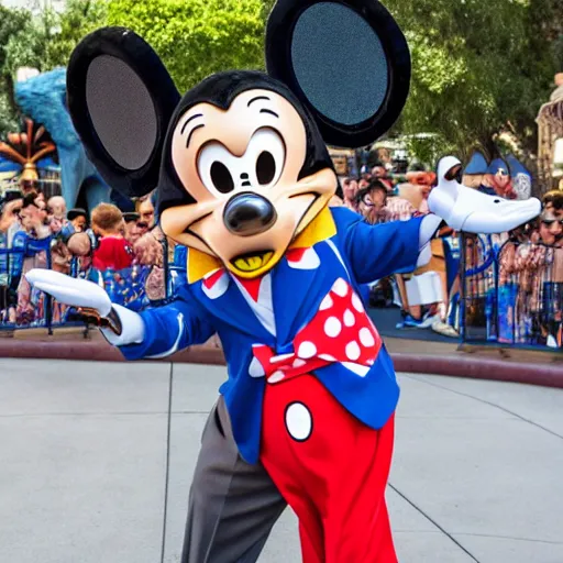 Prompt: the Goofy character at Disneyland fighting a child