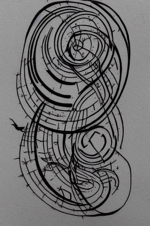 Prompt: a simple tattoo design of minimalist flying birds in spirals, black ink, abstract logo, line art