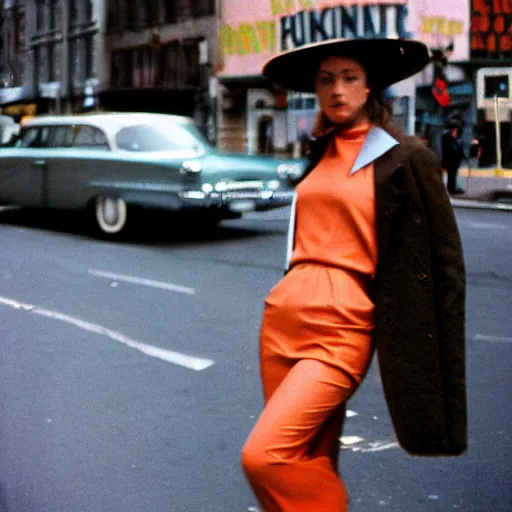 Image similar to street photography portrait of a woman in a suit in the streets of new york, 1 9 6 0 s, photo taken with ektachrome, featured on flickr, photographed on damaged film