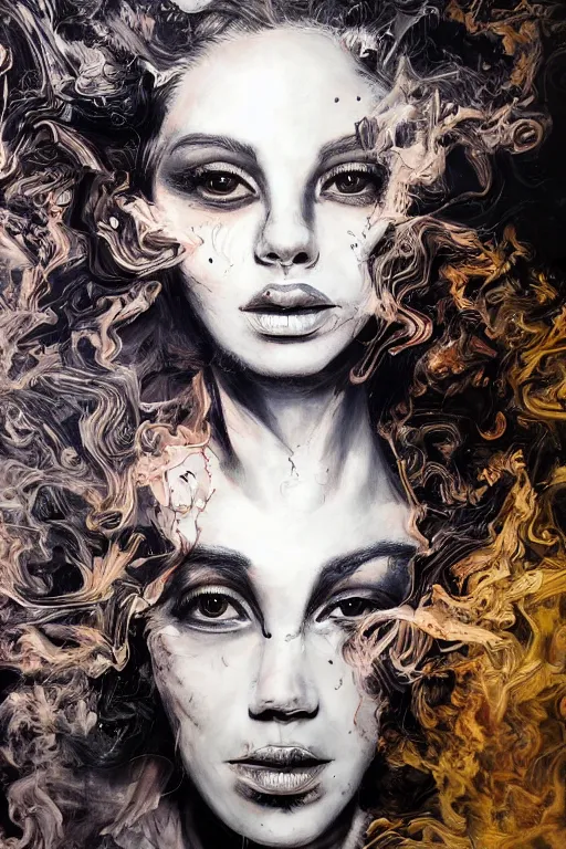 Image similar to distorted detailed painting of a woman made of ink cloud smoke, hyper detailed, trending on Artstation