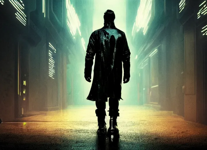 Image similar to man wearing black cyberpunk coat tattered, walking down, marble hallway with gold trim. Scene from Bladerunner 2049 (2017) Artstation trending 720p.