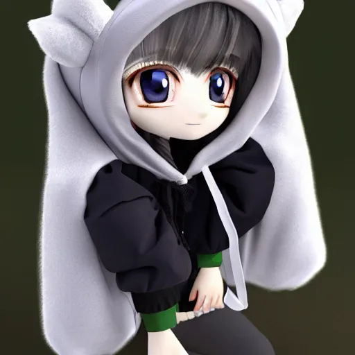 Image similar to cute fumo plush of a wolfgirl in a hoodie, anime girl, anime ears, chibi, black and white, vray