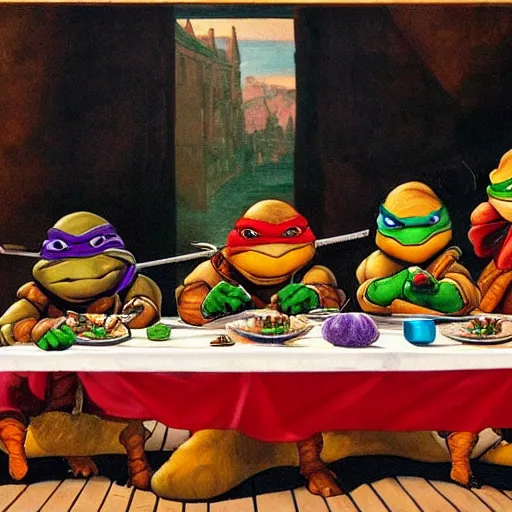 Image similar to teenage mutant ninja turtles are sitting at the table. da vinci. secret supper. there is a cola on the table. pizza on the table. realistic oil painting on canvas