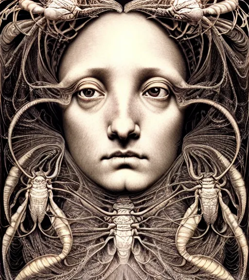 Image similar to detailed realistic beautiful cicada goddess face portrait by jean delville, gustave dore, iris van herpen and marco mazzoni, art forms of nature by ernst haeckel, art nouveau, symbolist, visionary, gothic, neo - gothic, pre - raphaelite, fractal lace, intricate alien botanicals, ai biodiversity, surreality, hyperdetailed ultrasharp octane render